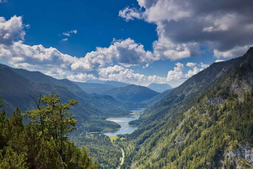 mountains covered in green pine trees rising up from a river in the Bavarian Alps